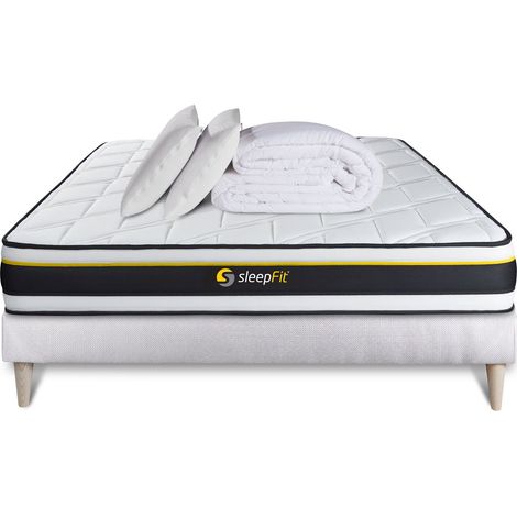 Pack lit complet 160x200 cm - Matelas + Sommier Blanc (en kit) + 2 oreillers + Couette - Soft