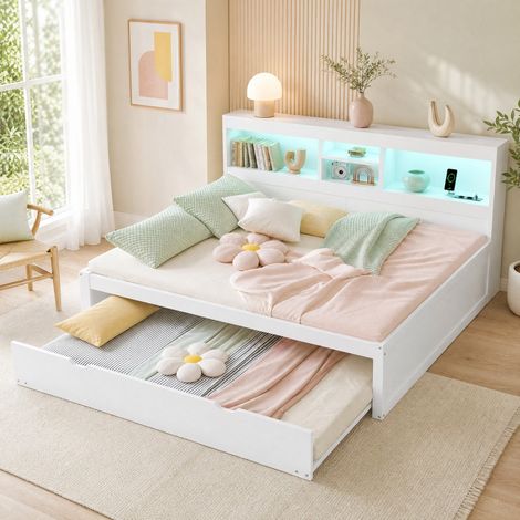 Sofá cama nido 140x200 cm blanco en tablero de partículas con LED, USB y almacenaje (1/5)