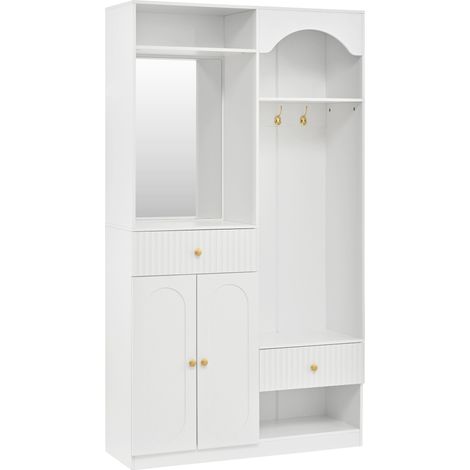 Garde-robe compacte blanche avec miroir, banc et LED multicolores pour entrée (1/5)
