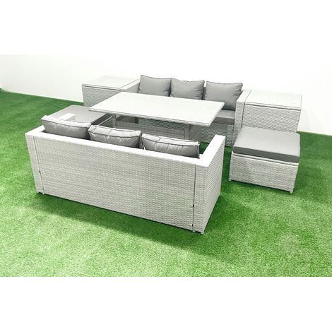 Fimous Rattan Gartenmöbel-Set 8 Sitzer mit Esstisch 2 Beistelltischen 2 Großer Hockern Hellgrau gemischt (1/5)