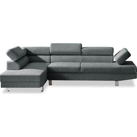 Canapé d'angle gauche avec têtières relevables Palerme velours côtelé gris