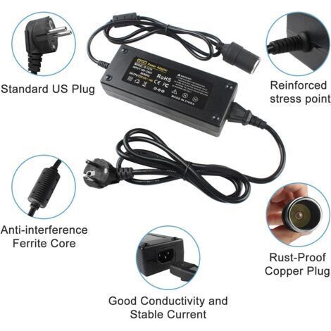 NALOOKAMIC AC à DC Adaptateur 12V 10A 120W, 220V/230V/240V Convertisseur Prise Allume-Cigare de Voiture Adaptateur alimentation