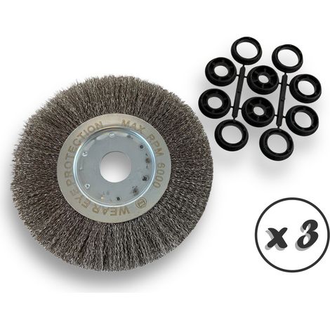Lot de 3 brosses circulaires INOX Ø 200 mm Epaisseur 1 rang Fil dur 0.30 mm ondulé Alésage 32 mm + réducteur bague 25/22/20/16/12 mm Touret affûteuse ponceuse Kibros 218201ITx3