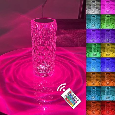 Lampe de table rose cristal LED RGB 16 couleurs, tactile et dimmable, veilleuse diamant romantique rechargeable USB avec télécommande, décoration élégante (1/3)