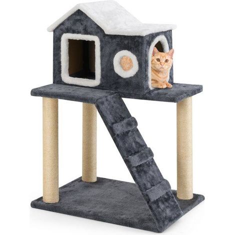 Arbre à chat gris en peluche avec griffoirs en sisal, niche et échelle, stable et facile à monter pour maison et appartement (1/5)