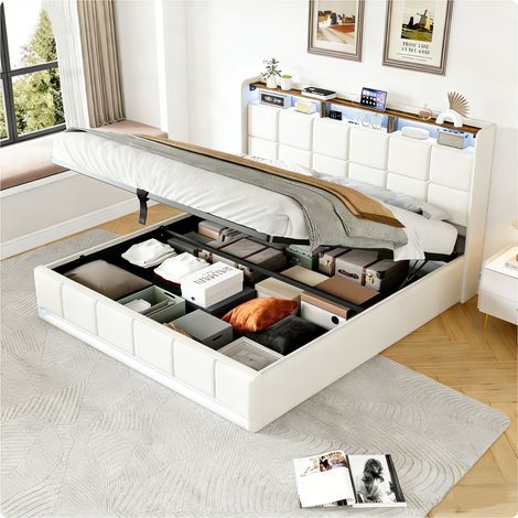 Lit coffre 140x200,lit 140x200 avec sommier,lit double capitonné,lit adulte, tête de lit avec chargement USB et lumières LED réglables,tissu en lin,Beige (1/5)