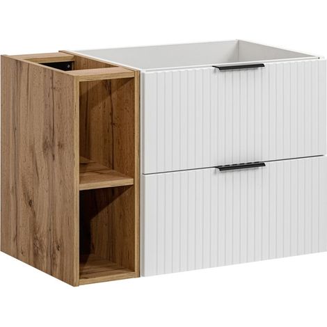 Furnidea - Meuble sous vasque ADEL BLANC avec l'étagère - extension CHÊNE 80 cm - 2 tiroirs - Façades rainurées (1/5)