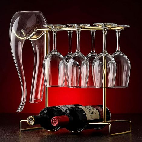 Porte-verre à vin multifonction, rangement de carafe et décanter avec casier de bureau, présentoir pour 6 gobelets en verre suspendus à l’envers, organiseur de tasses (1/5)