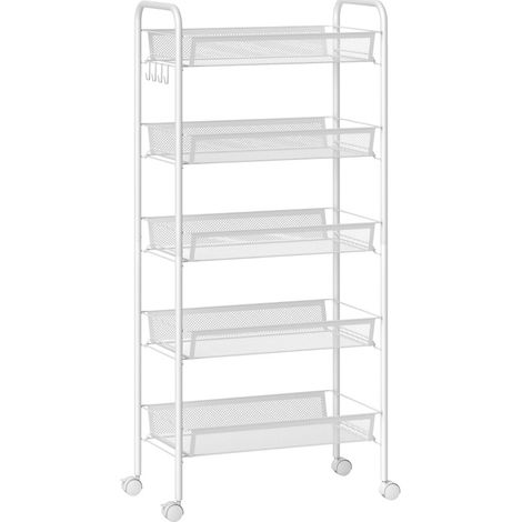 Carrello cucina bianco in acciaio con 5 cesti, 4 ganci, 4 ruote e 2 manici, 45 x 26,5 x 106 cm (1/5)