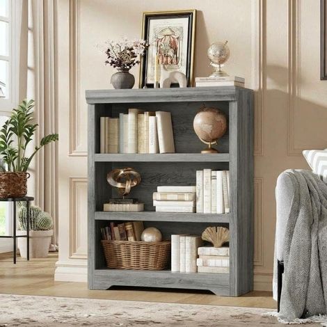 Étagère 3 Niveaux, Bibliothèque Ouverte avec Rayons Réglables, Kit Anti-Basculement, Design Contemporain, pour Salon, Bureau, Home Office et Petits Espaces, Gris (1/2)