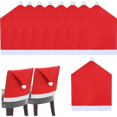 9 pièces de housses de chaise pour Noël, bonnet du Père Noël, dossier de chaise, rouge, polyester, nœud papillon, non imperméable, pour Noël et les fêtes, housses de chaise, housse de chaise (1/5)