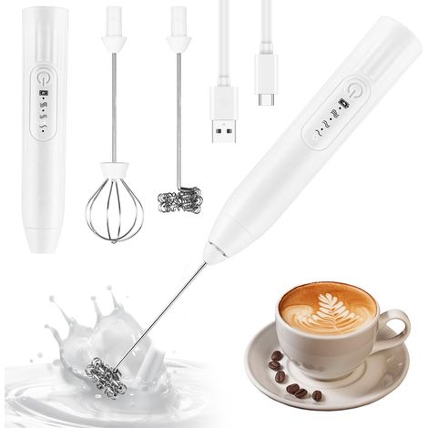 Fouet Electrique Léger Mousseur à Lait Électrique Portable 2 en 1 Blanc 2 en 1 Mousseur à Lait Électrique, USB Rechargeable 3 Vitesses, avec 2 Têtes D'agitation, pour Café Matcha Latte Œufs Blanc (1/5)