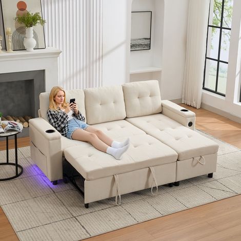 Sofa Bett aus Stoff Beige 208 x 146 x 89,5 cm mit Stauraum, LED, USB und Becherhaltern