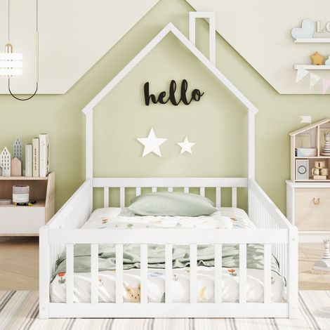 Letto a capanna 90x200 cm - Letto per bambini a forma di camino - Legno di pino massiccio - Con sponda di sicurezza e rete - Bianco