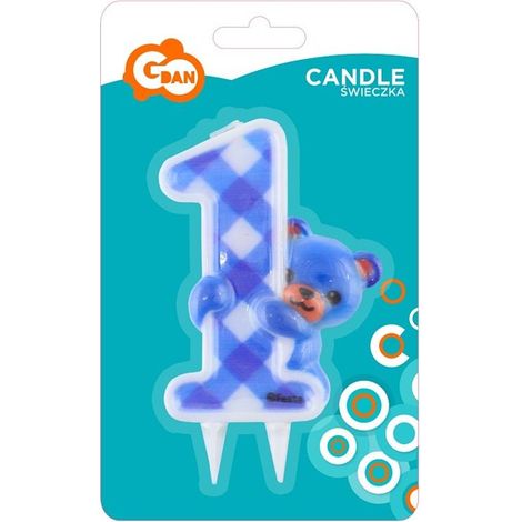 Orsetto di peluche blu, candela numero 1 per il compleanno