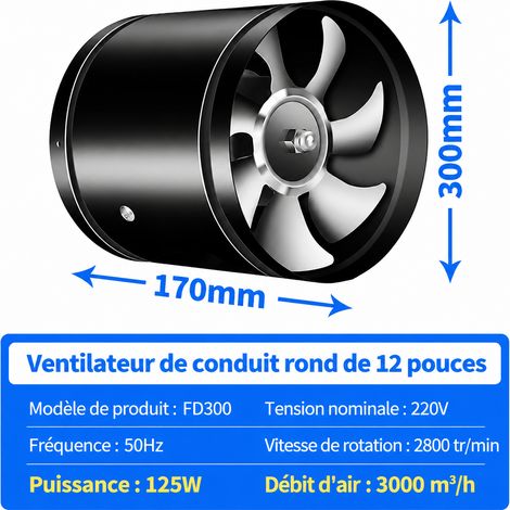Extracteur d'air de gaine tubulaire 12 pouces 300 mm 220V noir réf 8512 noir 12 17 × 30 × 30 cm 3,3 kg – Livraison gratuite