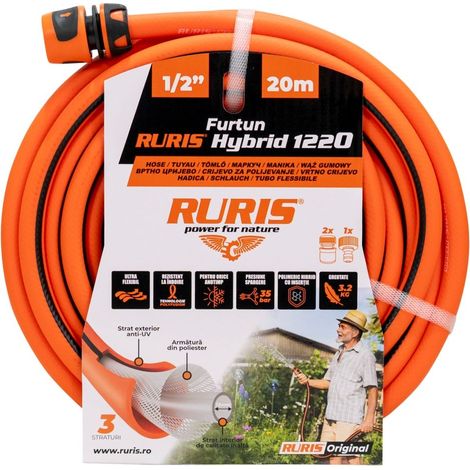 Tuyau d'arrosage RURIS Hybrid1220 20 m 1/2 pouce - Matériau polymère hybride - Technologie Polyfusion - Pression 35 bars - 2 raccords rapides inclus (1/4)