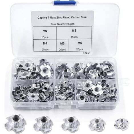 90pcs Ecrou en T 4 Griffes, Ecrous en T en Acier au Carbone, M3/M4/M5/M6/M8, Travail du Bois Meuble, Écrou Inserts en Acier au Carbone T (1/5)