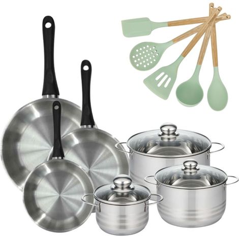 Lot de 3 Poêles 20/24/28cm et 3 Faitouts 16/20/24cm Fackelmann Généva avec 5 ustensiles Fackelmann (1/5)