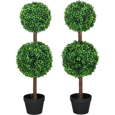 Lot de 2 arbres buis artificiel double boules avec tronc et pot inclus - hauteur 90 cm vert (1/5)