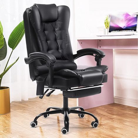 Trade Shop - Drehbarer Gaming-Bürostuhl aus schwarzem Leder mit Fußstütze und verstellbarem Schreibtisch - (1/5)