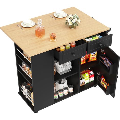 Desserte de Cuisine,Îlot Central Cuisine,Buffet de cuisine avec 2 tiroirs & Portes & Cloison 3 niveaux,Roulettes 360°,120×42 (76)×91,5cm,Noir