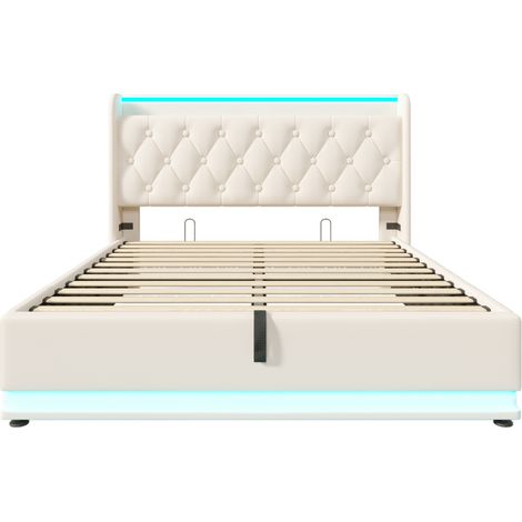Letto matrimoniale imbottito 140 x 190 cm bianco con LED 360°, USB-C e contenitore idraulico HOMVRA (1/5)