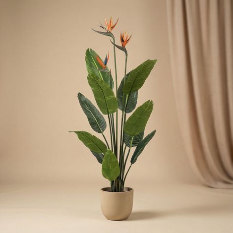 Strelitzia Artificiel avec Fleurs Oiseau du Paradis Plante Décorative Pot Noir Vert Orange 120 cm - PANGIVO (1/5)