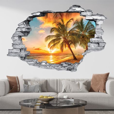 Stickers Trompe l'oeil trou dans le mur - Plage Palmiers - 30 x 45 cm - Pierres grises (1/5)