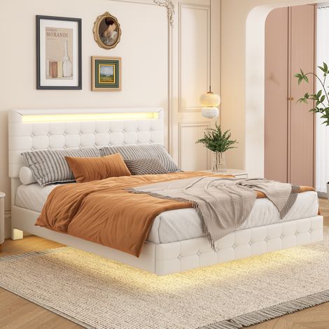 Lit plat suspendu 140x200 LED réglable hauteur PU tête de lit moderne blanc