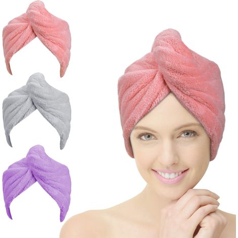 Lot de 3 serviettes de séchage, turban en microfibre ultra-absorbante avec bouton, séchage rapide pour femmes (rose, violet, gris)