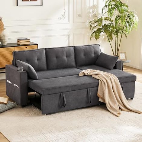Canapé-lit d’angle convertible en L avec rangement, porte-gobelets et méridienne réversible, sofa moderne pour salon (gris) (1/5)