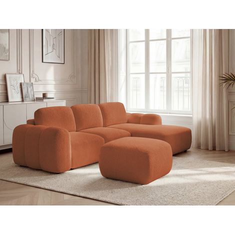 BOBOCHIC - Canapé d'angle convertible coffre MONTAIGNE tissu bouclette avec pouf Angle droit Orange