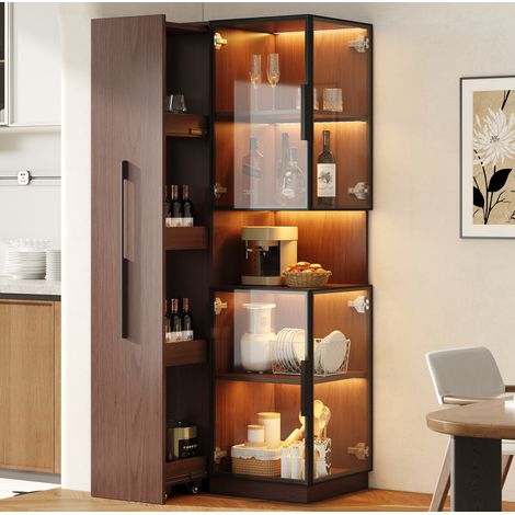 Vitrina alta 70x38x160 cm en MDF y vidrio, nogal, LED y almacenaje compacto – MEUBLIV (1/5)