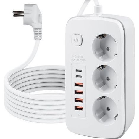 Prise Encastrable de Bureau avec 3 Prises et 4 Ports USB (dont 2 USB-C), Interrupteur Intégré, Câble 2m, Blanche – Solution d'Alimentation pour Espace de Travail (1/5)