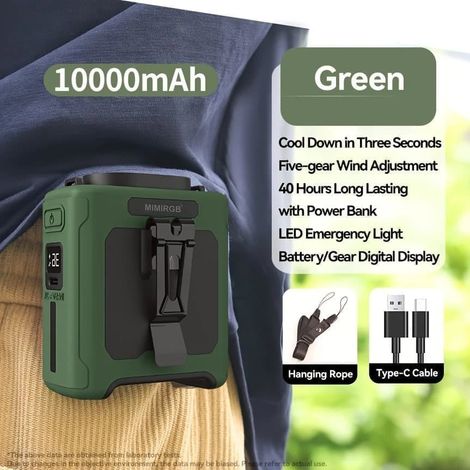 Ventilateur portable de taille avec batterie 12 000 mAh, 5 vitesses, rechargeable et mains libres, idéal pour les activités de plein air et les voyages.