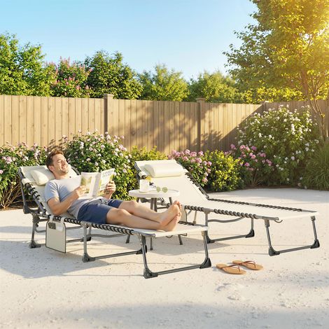 Set de 2 Tumbonas Plegables con Reposacabezas Bolsillo Lateral y Respaldo Reclinable en 5 Posiciones Blanco Crema (1/5)