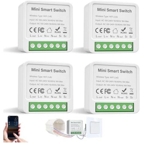 Lot de 4 Interrupteurs Intelligents WiFi 2 Voies, Compatible Alexa Google Home Tuya, Module Encastrable Derrière Interrupteur Mural