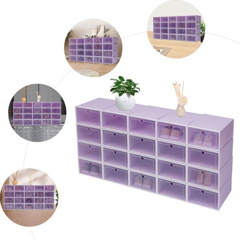 Boîtes de rangement chaussures – 20 pièces, design pliable, verrouillage empilage – Idéal pour dressing, sous lit, placard – Violet