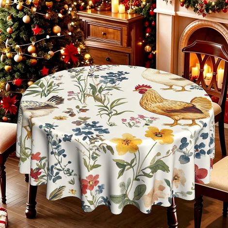 Nappe ronde douce à motif floral et poulets, 1 pièce, thème solstice d'été, nappe légère pour cuisine de ferme et style décontracté (1/4)