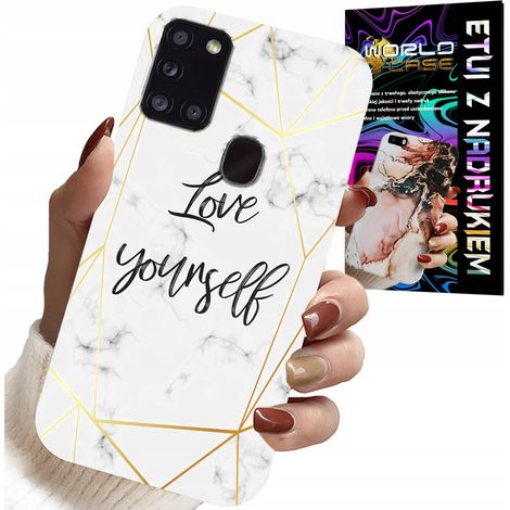 Coque pour Samsung Galaxy A21s - marbre blanc avec bordures dorées. Je t'aime. (1/5)