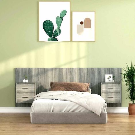 vidaXL Cabecero de cama con mesitas madera contrachapada gris Sonoma (1/5)