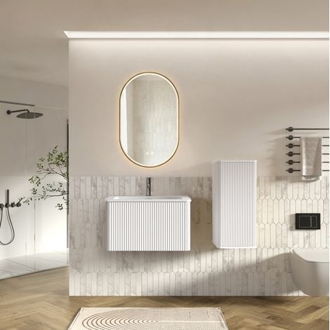 Mueble con lavabo para baño, espejo LED y columna de almacenamiento, mural, blanco DESVIAE (1/5)