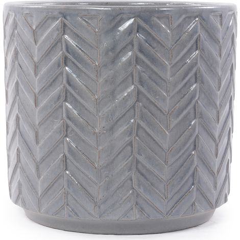 Pot céramique artisanal individuel Ø31,5 cm, gris cendre brillant, relief chevrons, respirant, antigel, drainage, pour plantes moyennes et herbes de cuisine. (1/5)