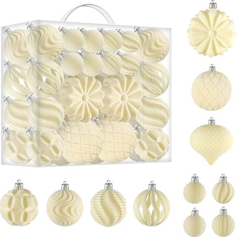 CCYKXA 48 beigefarbene Samt-Weihnachtskugeln, bruchsichere, beflockte Weihnachtskugeln für den Weihnachtsbaumschmuck, 8 cm, 6 cm und 4 cm (1/5)