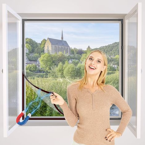 DIY Moustiquaire magnétique aimantée réglable pour fenêtre - Max 100 x 130 cm - Sans perçage, Peut être coupé - Facile à installer（Cadre gris,toile blanche）