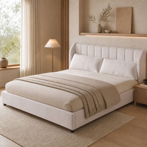 Letto imbottito 180x200 in flanella beige con rete a doghe e 2 cuscini HAVRYA (1/5)