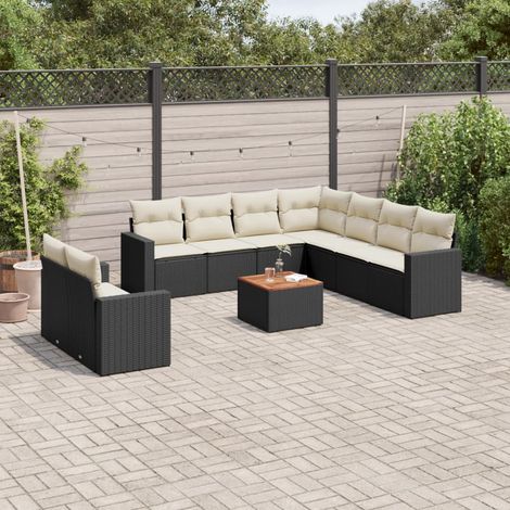 Ensemble Salon Jardin 10 Places Noir Résine Tressée avec Coussins Crème - Canapés d'Angle et Table Acacia - Meuble Extérieur Modulaire (1/3)