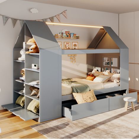 Cama cabaña infantil 90x200 cm de madera y MDF gris con almacenaje, sin colchón - MEUBLIV (1/5)