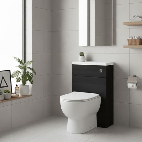 Hudson Reed Fusion Compact WC Unit with Polymarble Worktop 600mm Wide - Charcoal Black Woodgrain (1/4)